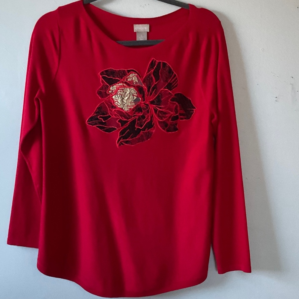 Chico's Red Long Sleeve Top with Floral Design